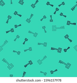 Black line Pirate key icon isolated seamless pattern on green background.  Vector Illustration