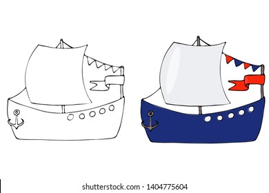 Black line pirate ship for coloring book. Isolated ship for coloring page. 