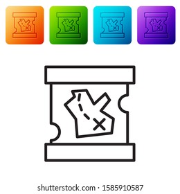Black line Pirate treasure map icon isolated on white background. Set icons in color square buttons. Vector Illustration