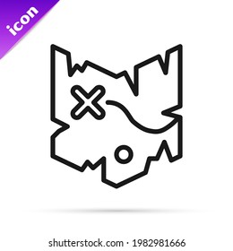Black line Pirate treasure map icon isolated on white background.  Vector