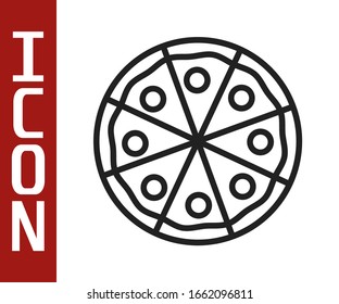 Black line Pizza icon isolated on white background. Fast food menu.  Vector Illustration