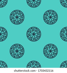 Black line Pizza icon isolated seamless pattern on green background. Fast food menu.  Vector Illustration