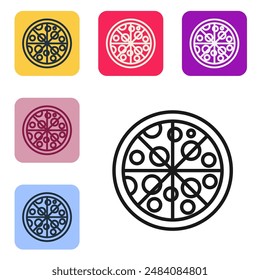 Black line Pizza icon isolated on white background. Fast food menu. Set icons in color square buttons. Vector