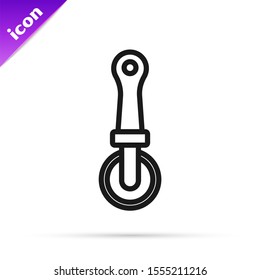 Black line Pizza knife icon isolated on white background. Pizza cutter sign. Steel kitchenware equipment.  Vector Illustration