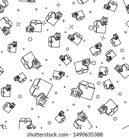 Black line Plane and cardboard box icon isolated seamless pattern on white background. Delivery, transportation. Cargo delivery by air. Airplane with parcels, boxes.  Vector Illustration