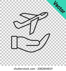 Black line Plane in hand icon isolated on transparent background. Flying airplane. Airliner insurance. Security, safety, protection, protect concept.  Vector