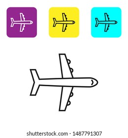 Black line Plane icon isolated on white background. Flying airplane icon. Airliner sign. Set icons colorful square buttons. Vector Illustration