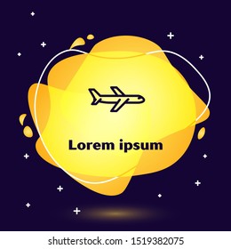 Black line Plane icon isolated on dark blue background. Flying airplane icon. Airliner sign. Abstract banner with liquid shapes. Vector Illustration