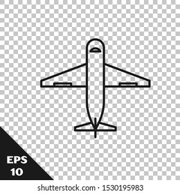 Black line Plane icon isolated on transparent background. Delivery, transportation. Cargo delivery by air. Airplane with parcels, boxes.  Vector Illustration