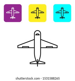 Black line Plane icon isolated on white background. Delivery, transportation. Cargo delivery by air. Airplane with parcels, boxes. Set icons colorful square buttons. Vector Illustration