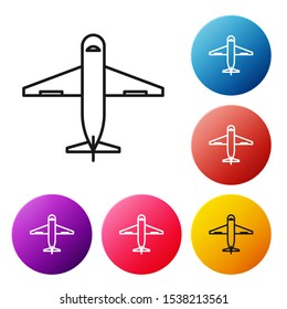 Black line Plane icon isolated on white background. Delivery, transportation. Cargo delivery by air. Airplane with parcels, boxes. Set icons colorful circle buttons. Vector Illustration