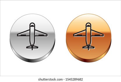 Black line Plane icon isolated on white background. Delivery, transportation. Cargo delivery by air. Airplane with parcels, boxes. Silver-gold circle button. Vector Illustration