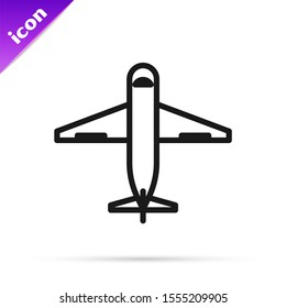 Black line Plane icon isolated on white background. Delivery, transportation. Cargo delivery by air. Airplane with parcels, boxes.  Vector Illustration
