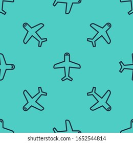 Icono de Plano de línea negra aislado sin fisuras en fondo verde. Icono de avión volador. Signo del avión.  Ilustración vectorial
