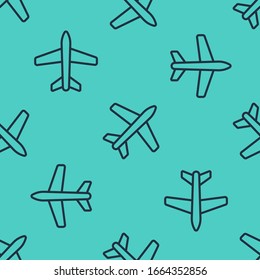 Icono de Plano de línea negra aislado sin fisuras en fondo verde. Icono de avión volador. Signo del avión. Ilustración vectorial