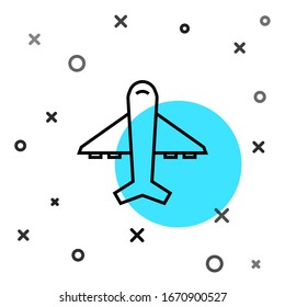 Black line Plane icon isolated on white background. Flying airplane icon. Airliner sign. Random dynamic shapes. Vector Illustration