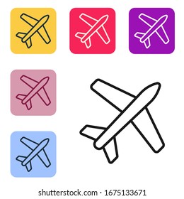 Black line Plane icon isolated on white background. Flying airplane icon. Airliner sign. Set icons in color square buttons. Vector Illustration