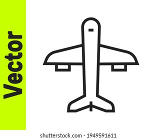 Icono de Plano de línea negra aislado en fondo blanco. Icono de avión volador. Signo de avión.  Vector