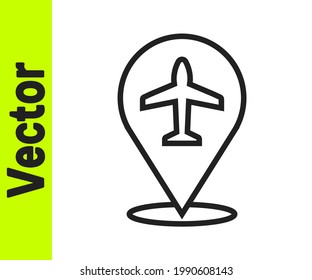 Icono de Plano de línea negra aislado en fondo blanco. Icono de avión volador. Signo de avión.  Vector