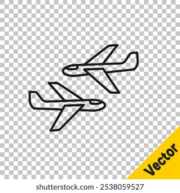 Black line Plane icon isolated on transparent background. Flying airplane icon. Airliner sign.  Vector