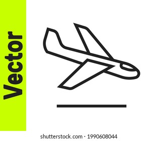 Black line Plane landing icon isolated on white background. Airplane transport symbol.  Vector