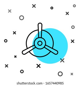 Icono de hélice de línea negra Plano aislado en fondo blanco. Hélice de avión vintage. Formas dinámicas aleatorias.  Ilustración vectorial