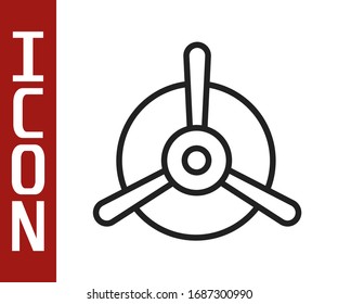 Black line Plane propeller icon isolated on white background. Vintage aircraft propeller.  Vector Illustration