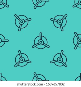 Schwarze Linie Propeller-Symbol einzeln auf grünem Hintergrund. Vintage-Flugzeugpropeller. Vektorillustration-Illustration