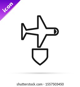 Black line Plane with shield icon isolated on white background. Flying airplane. Airliner insurance. Security, safety, protection, protect concept.  Vector Illustration