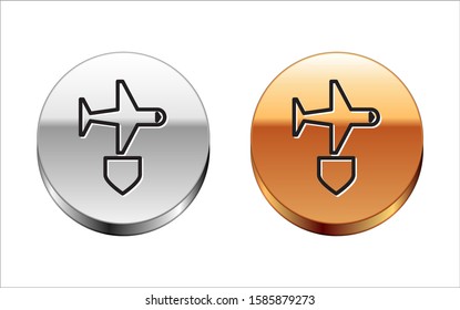 Black line Plane with shield icon isolated on white background. Flying airplane. Airliner insurance. Security, safety, protection, protect concept. Silver-gold circle button. Vector Illustration