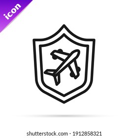 Black line Plane with shield icon isolated on white background. Flying airplane. Airliner insurance. Security, safety, protection, protect concept.  Vector