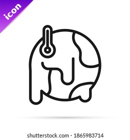 Black line Planet earth melting to global warming icon isolated on white background. Ecological problems and solutions - thermometer.  Vector
