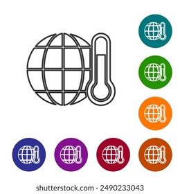 Black line Planet earth melting to global warming icon isolated on white background. Ecological problems and solutions - thermometer. Set icons in color circle buttons. Vector