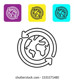 Black line Planet earth and a recycling icon isolated on white background. Environmental concept. Set icons colorful square buttons. Vector Illustration