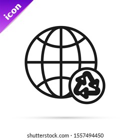 Black line Planet earth and a recycling icon isolated on white background. Environmental concept.  Vector Illustration
