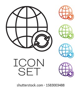 Black line Planet earth and a recycling icon isolated on white background. Environmental concept. Set icons colorful. Vector Illustration