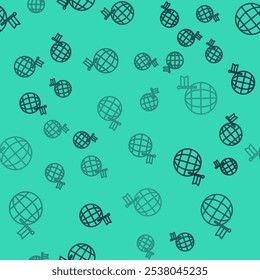 Black line Planet with flag icon isolated seamless pattern on green background. Victory, winning and conquer adversity concept.  Vector