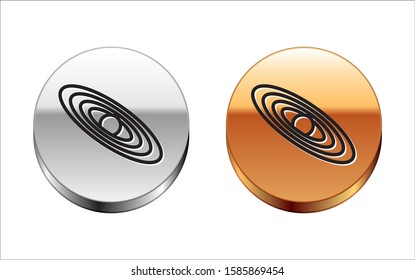 Black line Planet icon isolated on white background. Silver-gold circle button. Vector Illustration