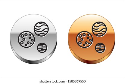 Black line Planet icon isolated on white background. Silver-gold circle button. Vector Illustration