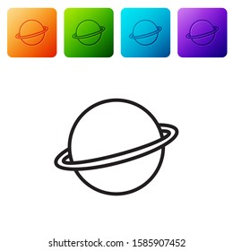 Black line Planet Saturn with planetary ring system icon isolated on white background. Set icons in color square buttons. Vector Illustration