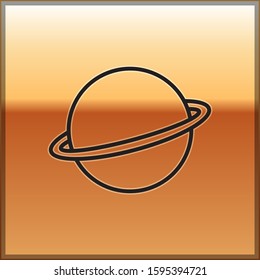 Black line Planet Saturn with planetary ring system icon isolated on gold background.  Vector Illustration