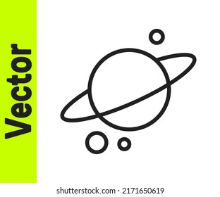 Black line Planet Saturn with planetary ring system icon isolated on white background.  Vector