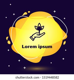 Black line Plant in hand of environmental protection icon on dark blue background. Seed and seedling. Planting sapling. Ecology concept. Abstract banner with liquid shapes. Vector Illustration