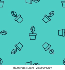 Black line Plant in pot icon isolated seamless pattern on green background. Plant growing in a pot. Potted plant sign.  Vector