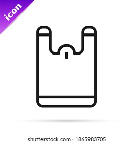 Línea negra Icono de bolsa de plástico aislado en fondo blanco. Signo de prohibición del envase de celofán y polietileno desechable.  Vector