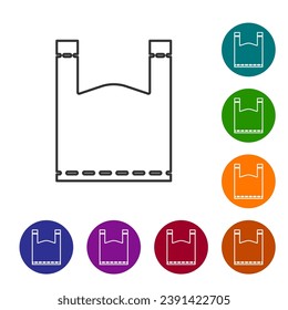 Black line Plastic bag icon isolated on white background. Disposable cellophane and polythene package prohibition sign. Set icons in color circle buttons. Vector Illustration