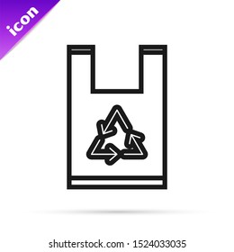 Black line Plastic bag with recycle icon isolated on white background. Bag with recycling symbol.  Vector Illustration