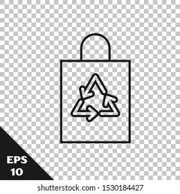 Black line Plastic bag with recycle icon isolated on transparent background. Bag with recycling symbol.  Vector Illustration