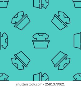 Black line Plastic basin with shirt icon isolated seamless pattern on green background. Bowl with water. Washing clothes, cleaning equipment.  Vector