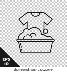 Black line Plastic basin with soap suds icon isolated on transparent background. Bowl with water. Washing clothes, cleaning equipment.  Vector Illustration
